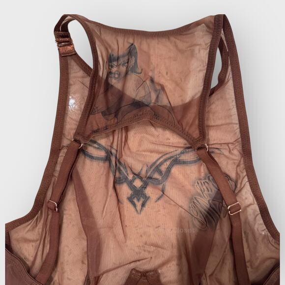 Savage X Fenty Tattooed Tricot High Neck Bra 32C Brown Lace Detail Sexy Lingerie - Picture 8 of 9